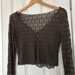 Dazy Brown Sheer Mesh Long Sleeve Top – Geometric Pattern